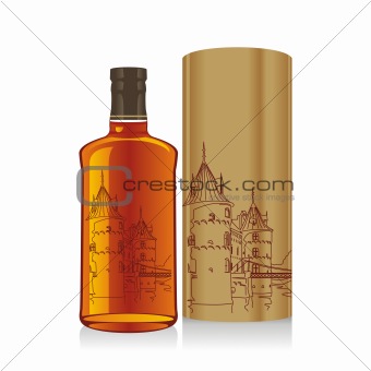 fully editable vector illustration of isolated whiskey bottles and boxes