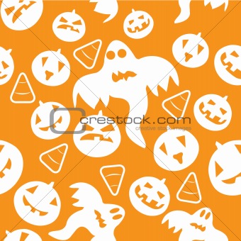 Seamless halloween pattern with pumpkins, ghosts and candy corns