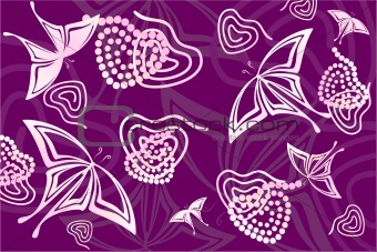 Purple hearts and butterflies background