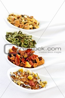 Assorted herbal wellness dry tea in spoons