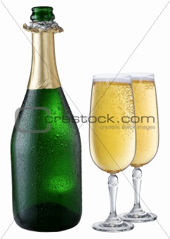 Cooled champagne bottle with pair of glasses