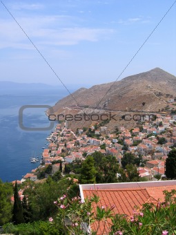 Aerial view on Greek city. sea and mountain