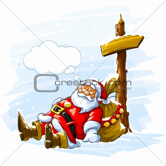 Christmas Santa claus sleeping near the post with arrow sign