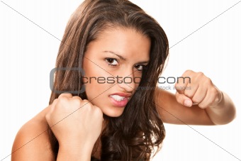 Pretty Hispanic Woman Throwing a Punch
