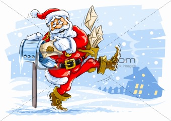 happy Santa Claus postman with Christmas letters