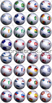 Soccer balls with all flags of South Africa World Cup competitors