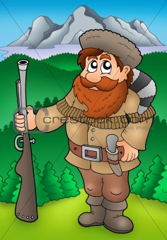 Cartoon trapper with mountains