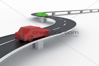 Curved road bridge with cars