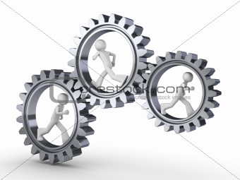 Team power (three men walking inside gears)