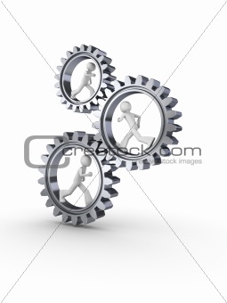 Team power (three men walking inside gears)