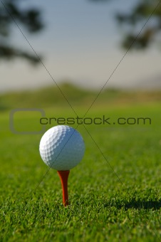 Golf ball on red tee vertical