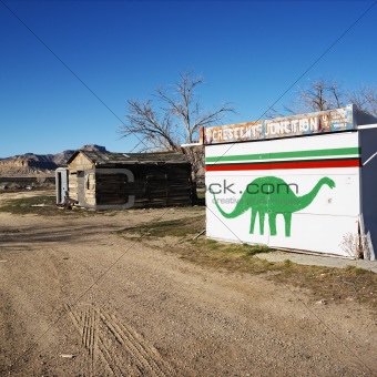 Painted dinosaur on building.