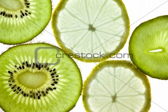 Sliced Kiwifruit, Lemon and Starfruit isolated on white