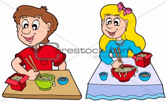 Boy and girl eating Chinese food
