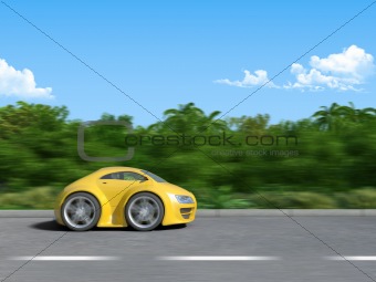 Yellow sportcar on the road (3D render of Funny sportcar racing on the tropic island road)