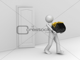 Taking Money Away (Man carries away purse full of coins)