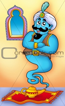 Genie from lamp on carpet