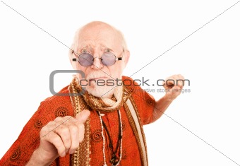 Senior Man on White Background Throwing a Punch