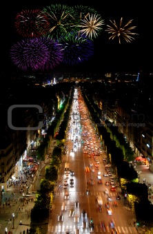Champs Elysees at night and fireworks