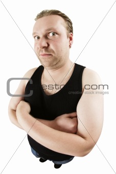 Paranoid man with arms crossed