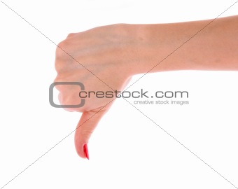 A woman's hand with disapproval gesture isolated on white