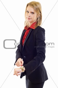woman pointing at watch and showing time