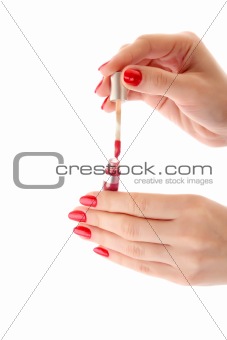 Two woman hands with with lipstick. Isolated on white.