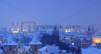 prague - panorama of spires of the old town in winter