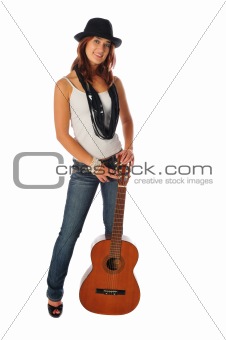 attractive woman with a guitar on white