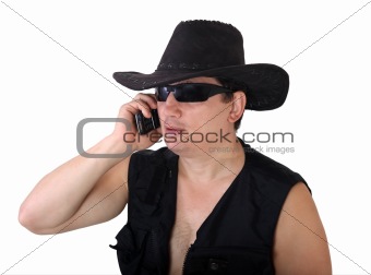 Men with phone in black cap