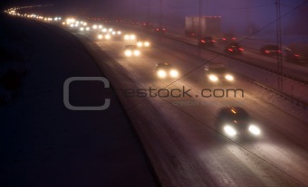 Heavy traffic on a winter evening