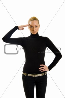 attractive girl in black saluting to camera