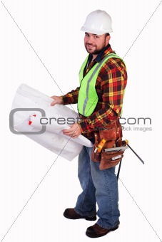 Friendly Construction Worker with Blueprints