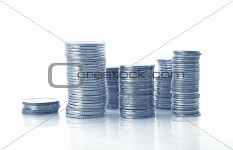 Coins isolated on white background, image in blue tone