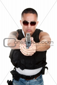 Tough Cop Pointing Gun