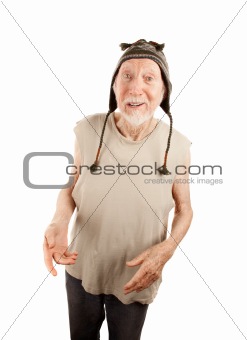 Crazy senior man in knit cap