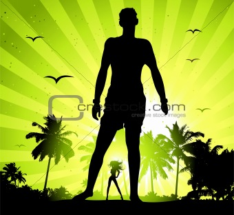 Summer holiday, man and beautiful girl silhouette on sunset