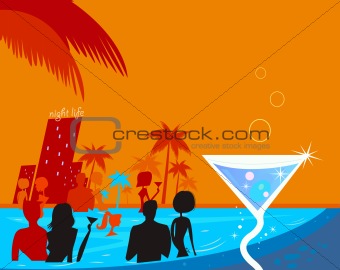 Water night party: People in pool & fresh Martini drink