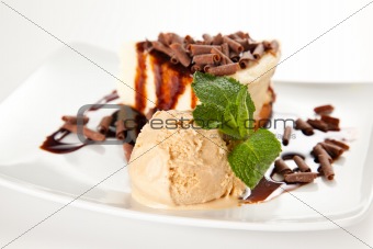 cheesecake  with ice cream and chocolate