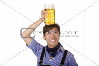 Asian having Oktoberfest beer stein on his hand and smiles 