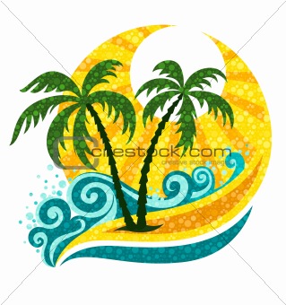 tropical palm in sea waves and sunlight