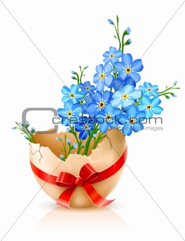 broken egg shell with red bow and forget-me-not flowers