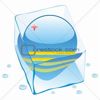 illustration of aruba button flag frozen in ice cube
