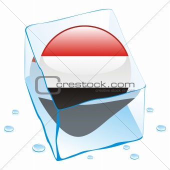 vector illustration of yemen button flag frozen in ice cube