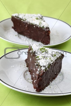 Chocolate cake with coconut and green tea powder