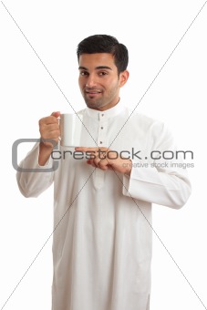 Arab ethnic man showing coffee