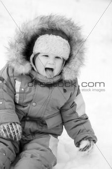 Baby blond boy winter outdoors 
