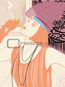 A woman in vintage clothing smoking