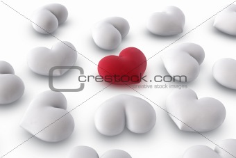 one red heart among several white hearts