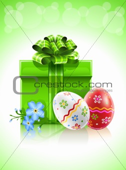 easter gift with bow flower and painted eggs